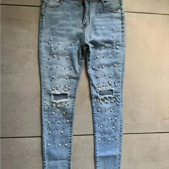 Runway Paris Vintage Style Pearl Embellished Skinny Jeans Sz L (Fits US 10/12) - Picture 6 of 12